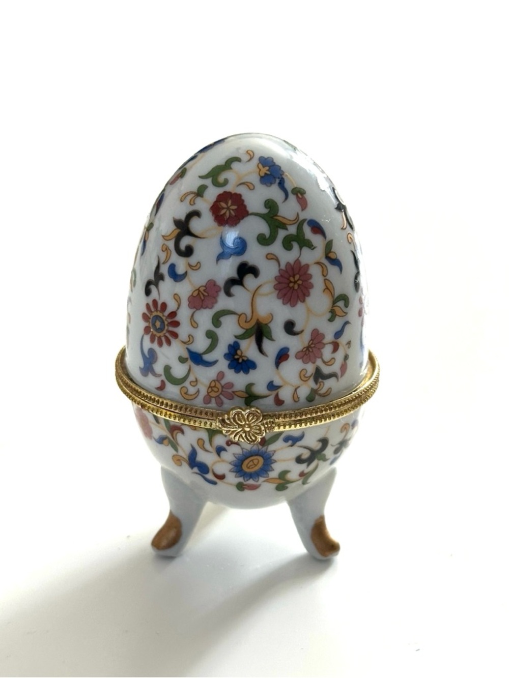 Decorative Porcelain Egg Trinket Jewelry Box Floral Pattern with Gold Trim
